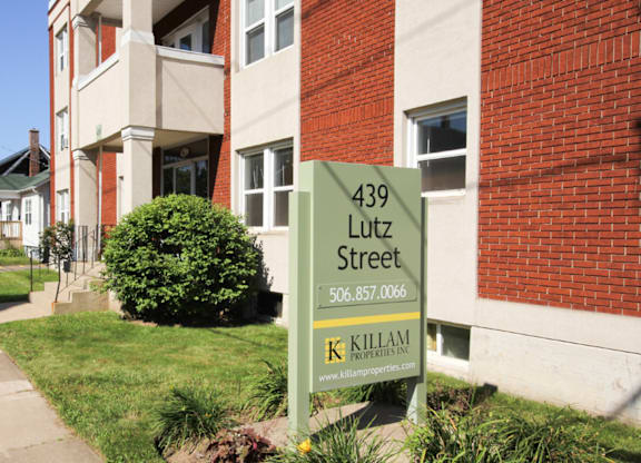 A green street sign for 439 Lutz Street stands in front of a brick building.