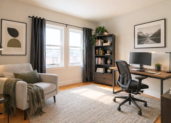 A cozy room with a grey couch, a black chair, a desk with a computer, and a bookshelf with books and plants.