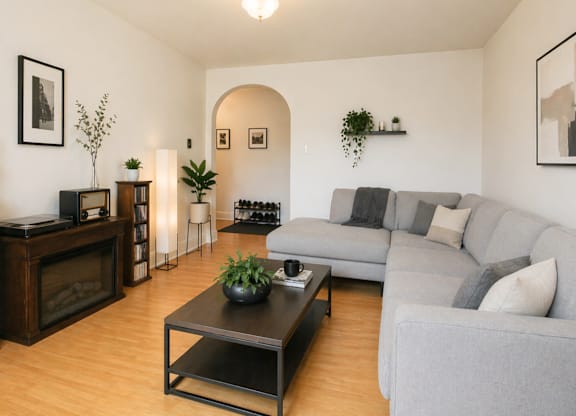 A living room with a grey couch, a coffee table, and a fireplace.