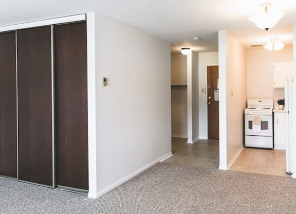 A room with a white wall and a brown wardrobe.