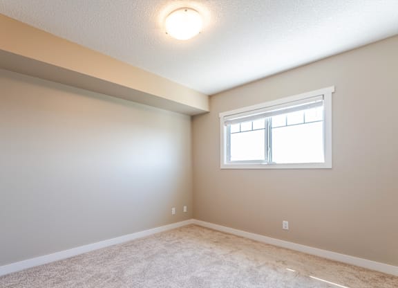 A room with a window and carpeted floor.