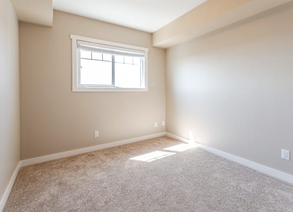 A room with a window and carpeted floor.