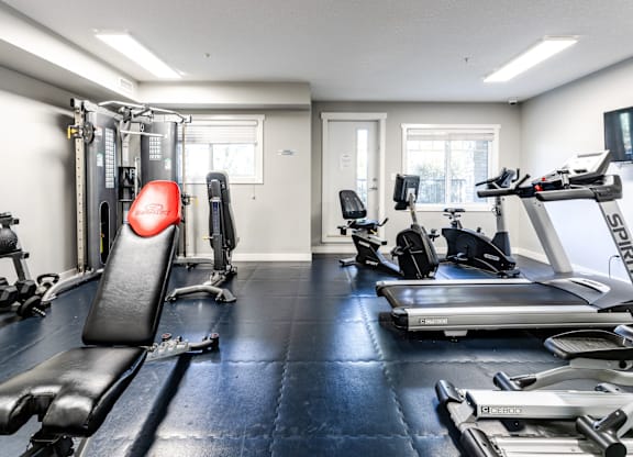 A gym with a variety of equipment including treadmills, weights, and exercise machines.