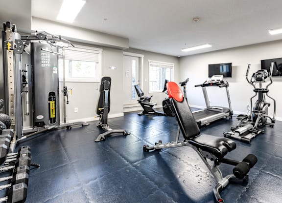 A well-equipped gym with various exercise machines and weights.