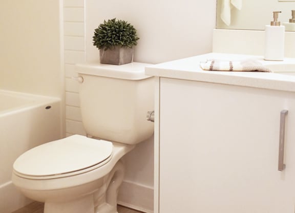 A white toilet sits next to a white bathtub in a bathroom.