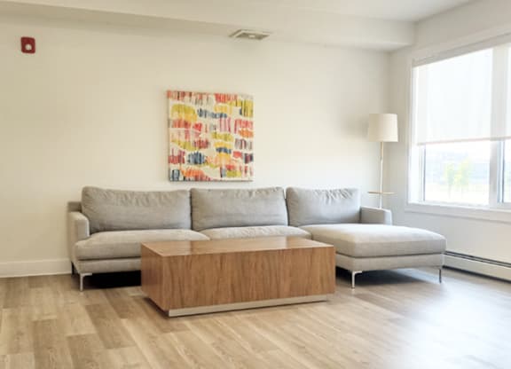 A living room with a grey couch and a wooden coffee table.