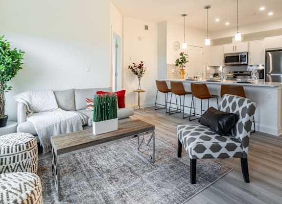A modern living room with a grey rug and a grey and white patterned chair.