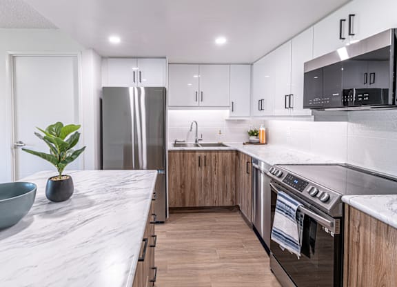 A modern kitchen with a marble countertop and stainless steel appliances.