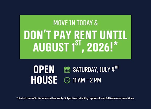 A promotional image offering a free move in for new residents until August 1st, 2026.