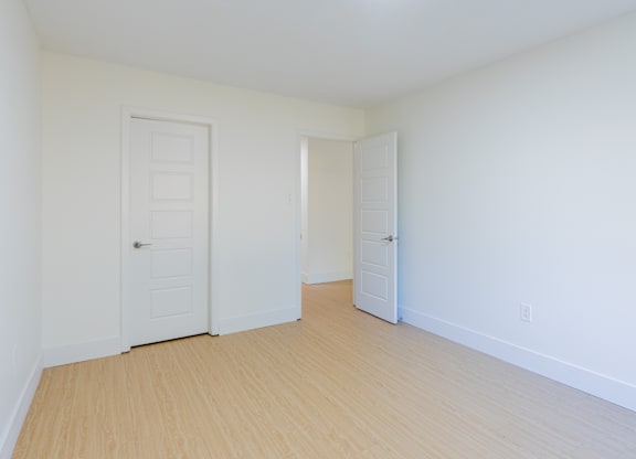 A room with two doors and a light on the ceiling.