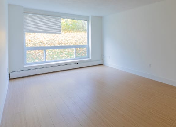 A room with a large window and wooden flooring.