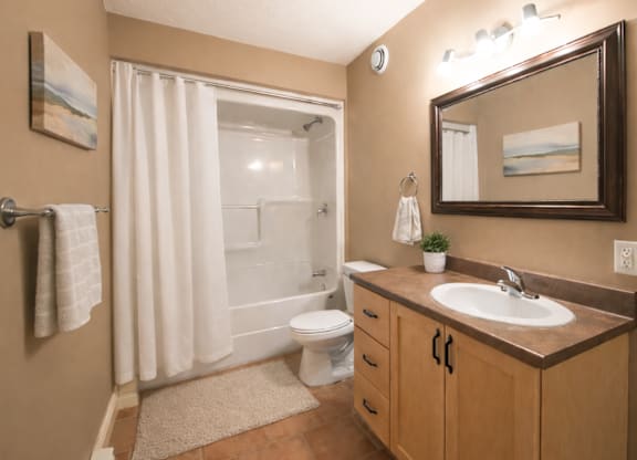 A bathroom with a toilet, sink, and shower.