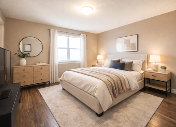 A well-lit bedroom with a large bed, a television, and a dresser.