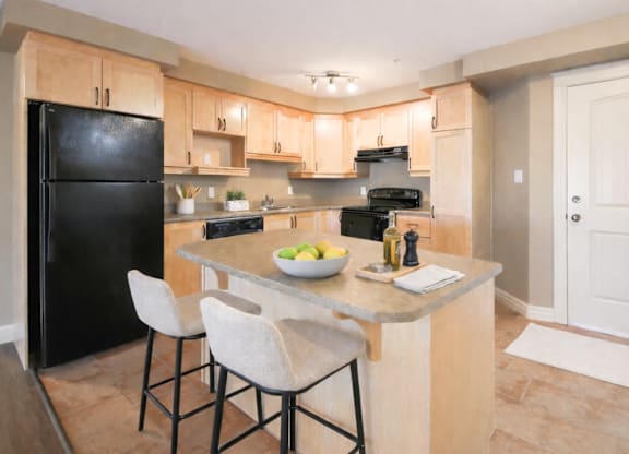 A kitchen with a black fridge, white chairs, and a marble countertop.