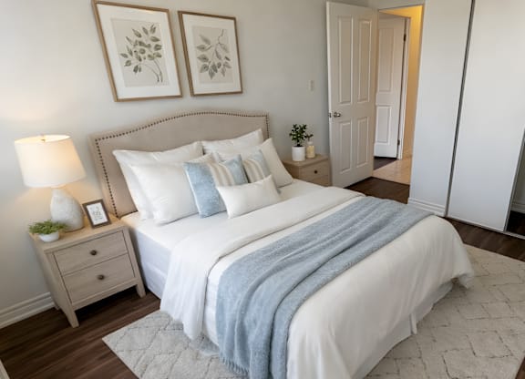 A bedroom with a large bed, a nightstand with a lamp, and two framed pictures on the wall.