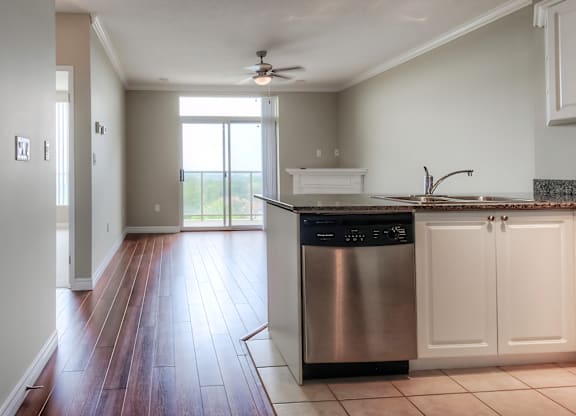 A kitchen with a stainless steel dishwasher and wooden floors.