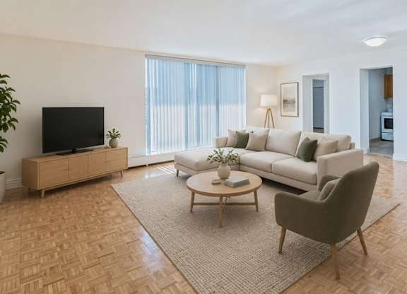 A living room with a sofa, a coffee table, and a television.