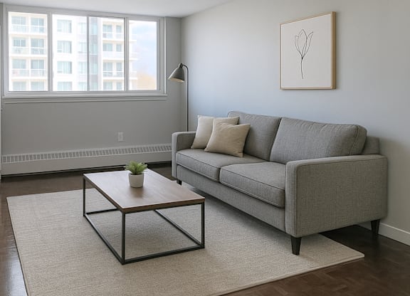 A grey couch with a plant on a coffee table in a room with a large window.