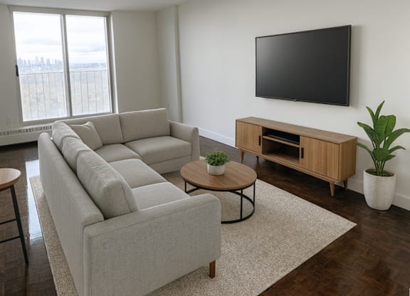 A living room with a grey sofa, a wooden cabinet, a flat screen TV and a potted plant.