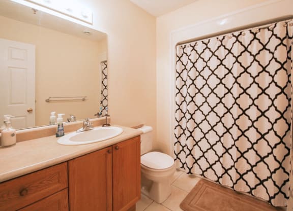 A bathroom with a patterned shower curtain and a white sink.