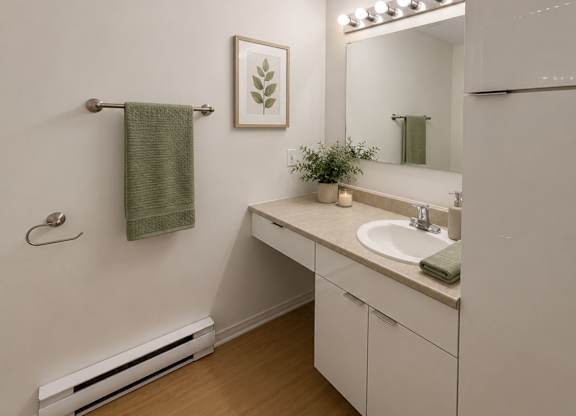 A bathroom with a white sink and a green towel.