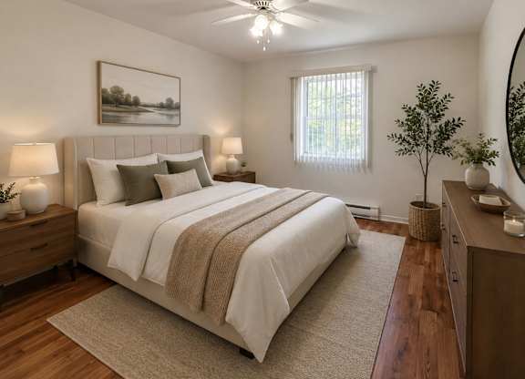 A bedroom with a large bed, a ceiling fan, and a painting on the wall.
