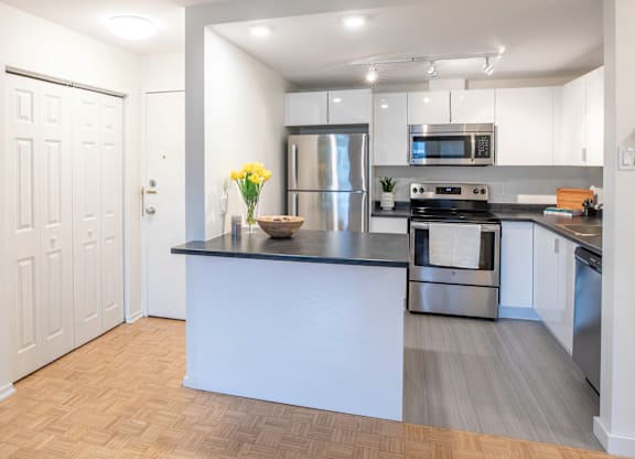 A kitchen with a black countertop and stainless steel appliances.