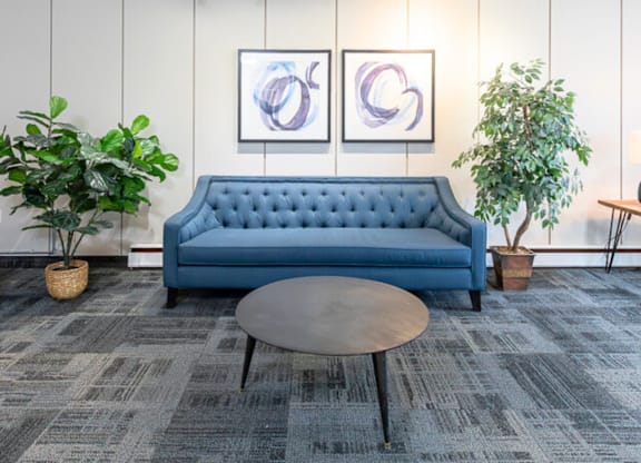 A blue sofa with a grey coffee table in front of it.