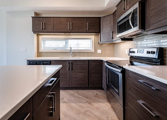 A modern kitchen with dark wood cabinets and stainless steel appliances.