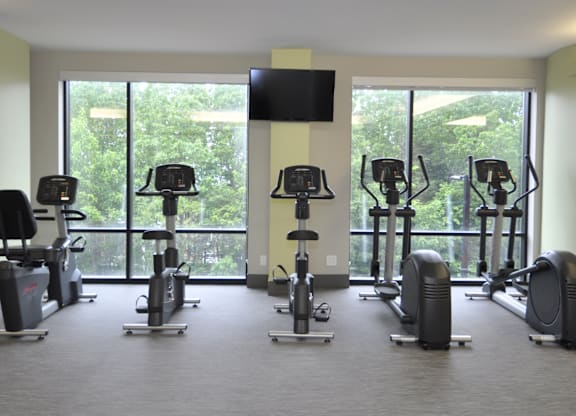 A gym with a row of exercise bikes and a television mounted on the wall.