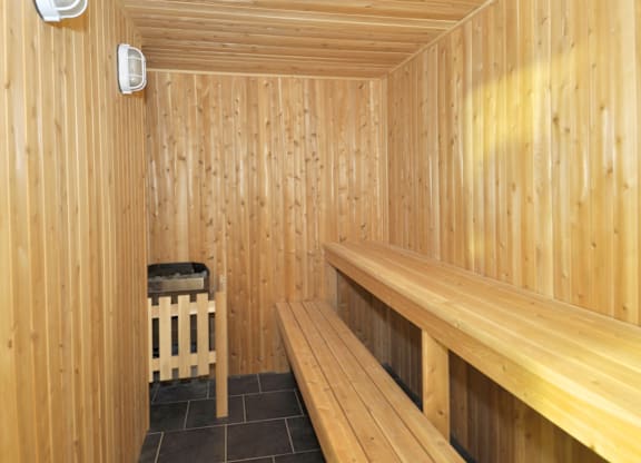 A wooden sauna room with benches and a heater.