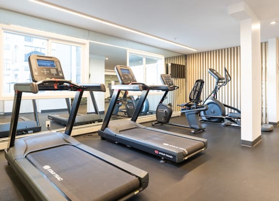 A gym with treadmills and elliptical machines.