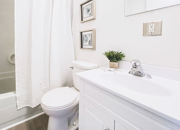 A white bathroom with a toilet, sink, and shower curtain.