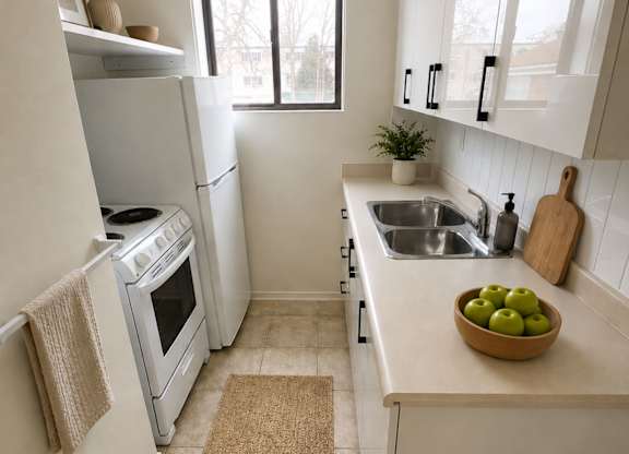 A kitchen with a white oven and white cabinets.