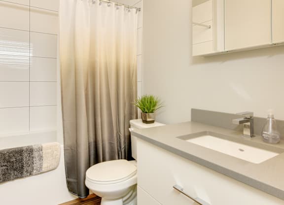 A white toilet sits next to a sink in a bathroom.