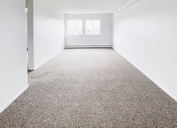 A room with a carpeted floor and a window.