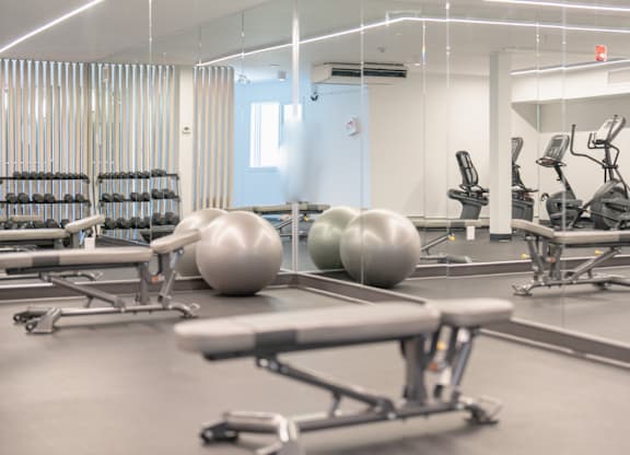 A gym with a variety of equipment including dumbbells, benches, and exercise balls.