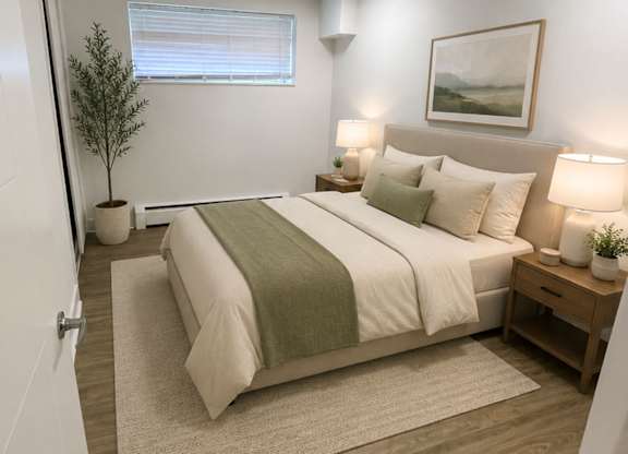 A bedroom with a bed, nightstands, and a plant.