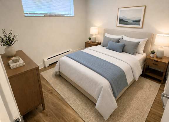 A bedroom with a large bed and a painting on the wall.