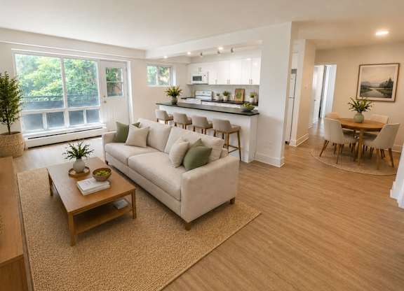 A living room with a white couch and a wooden coffee table.