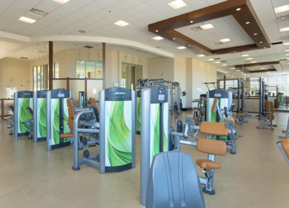 A gym with a variety of equipment including treadmills, weights, and exercise machines.