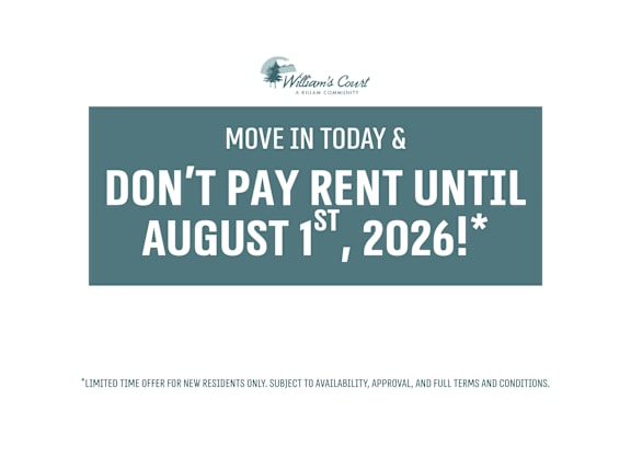 A promotional image for William's Court offers a free rent period for new residents.