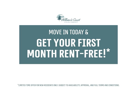 A sign advertising a free first month's rent for new residents of William's Court.