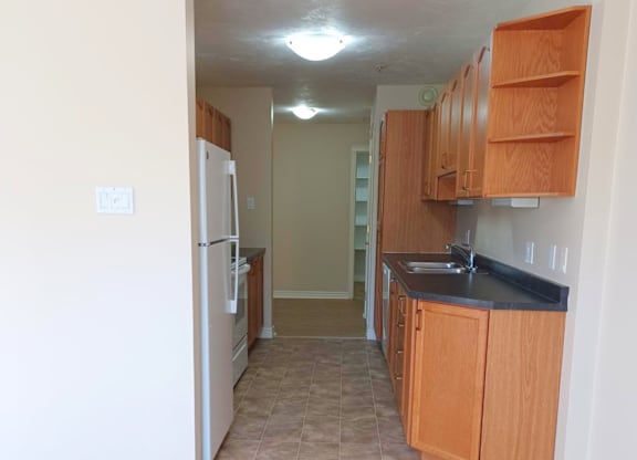A kitchen with a white refrigerator and wooden cabinets.