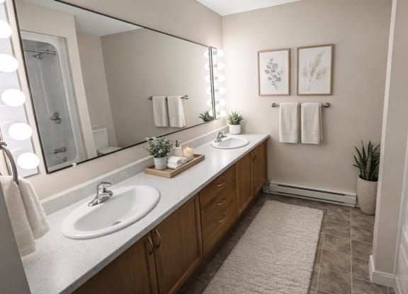 A bathroom with two sinks and a large mirror.