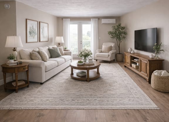 A well-lit living room with a large couch, a coffee table, and a flat-screen TV.