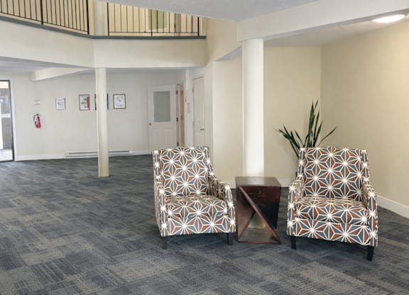 Two patterned chairs sit in a waiting room with a coffee table and a plant.