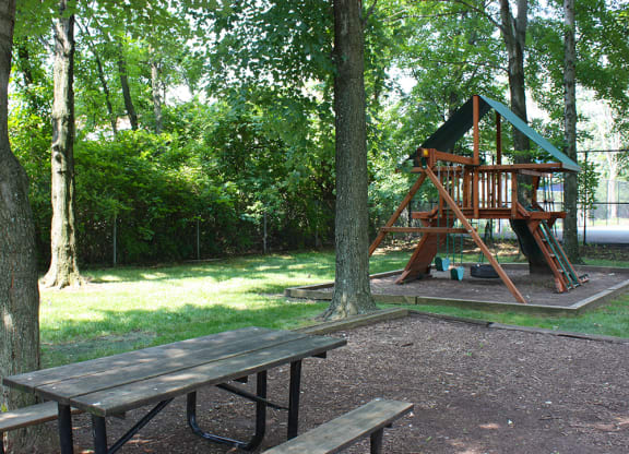 a picnic table and a swing set in a park  at Hunter's Creek Apartments, Cincinnati