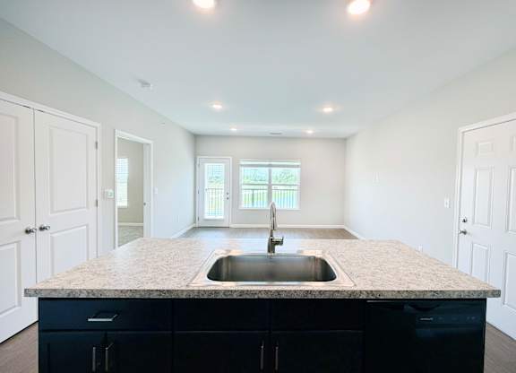 A kitchen with a sink and cabinets.