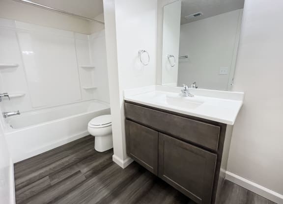 a bathroom with a sink and a toilet and a bath tub at Deercross Apartments, Cincinnati, OH